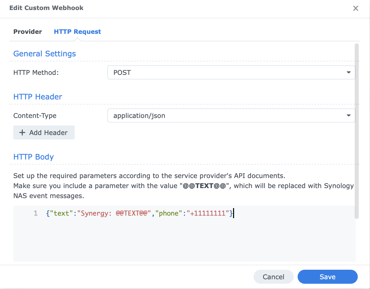 DSM HTTP settings with POST method, application/json content type, and the JSON body